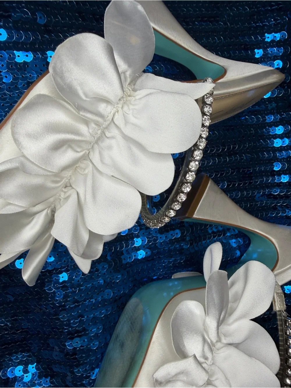 Beautiful Betsey Johnson White Satin Ruffle Mules with Rhinestone Straps